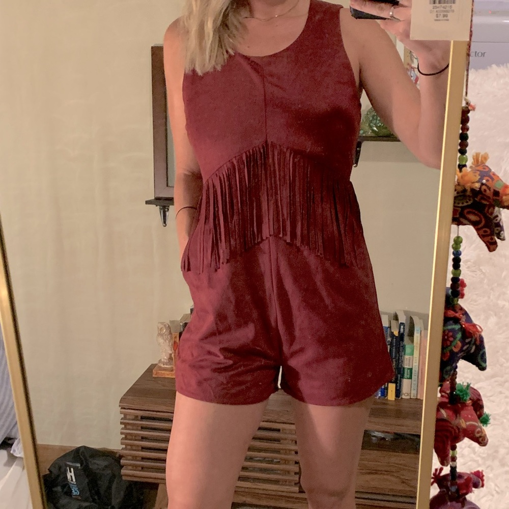 Like New Faux suede fringe romper with pockets